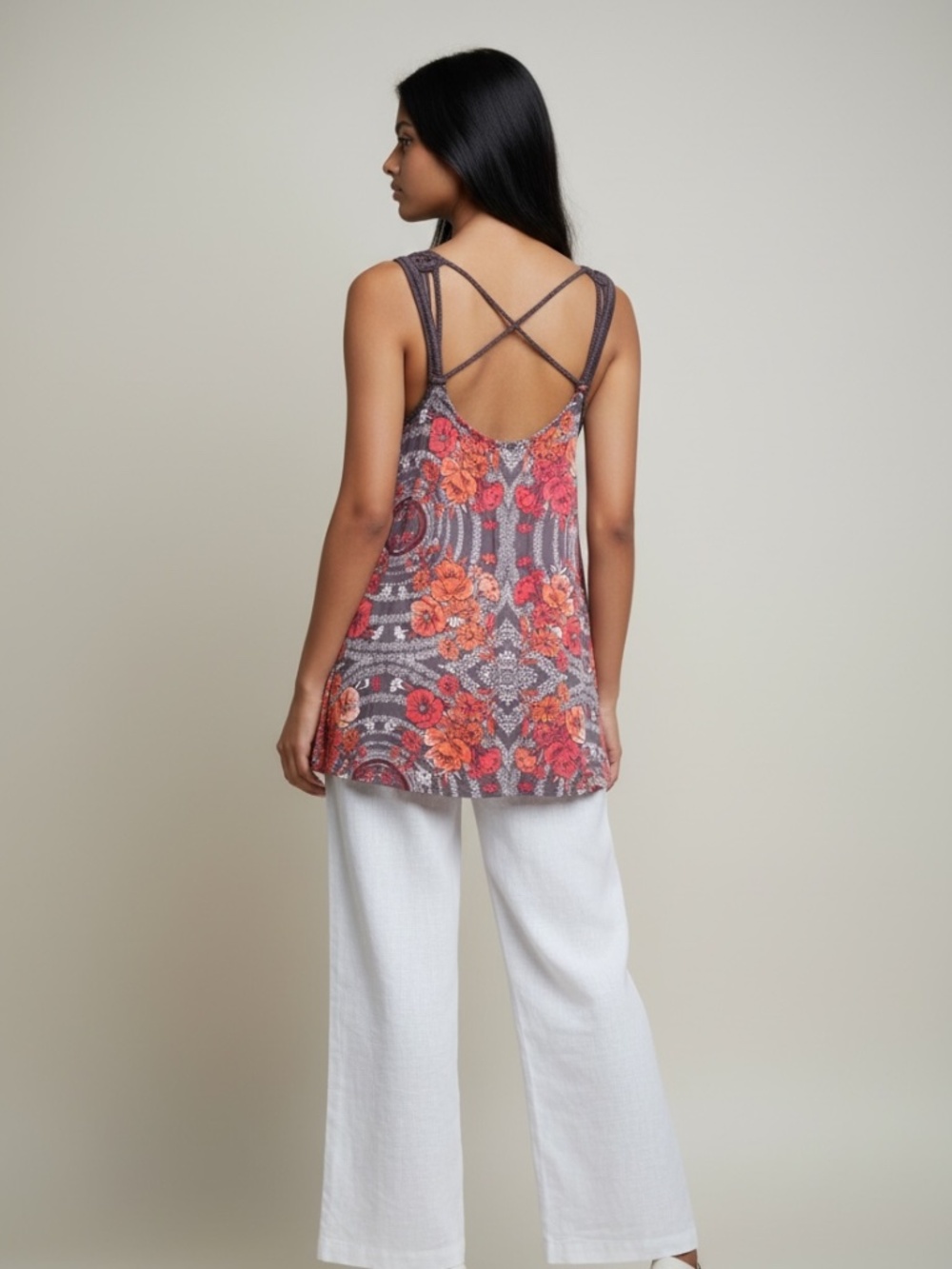 Free People Floral Boho Swing Tank Top XS Crochet Strap Strappy Back Flowy